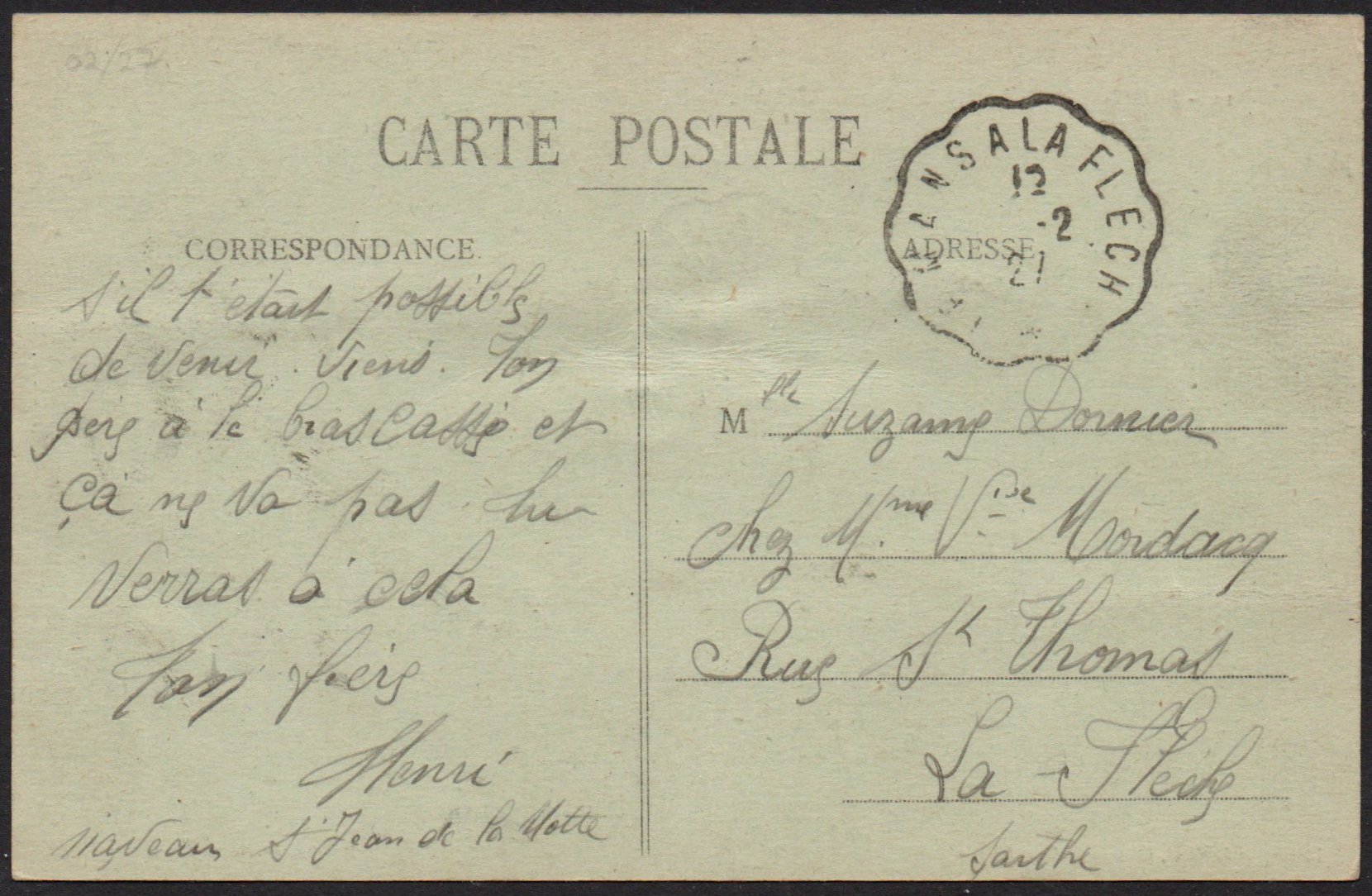 Courrier-Convoyeur-Ligne Le Mans à La Fleche 1927 - tramway - Saint-Jean-de-la-Motte February 1927